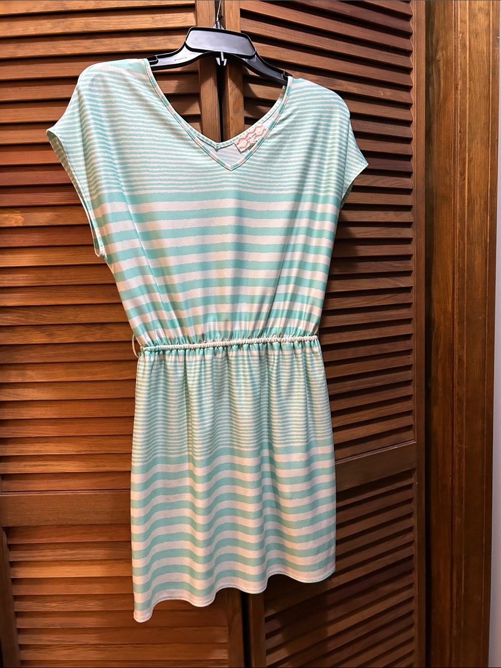 Pink Rose Striped Mint & White Elastic-Waist Dress